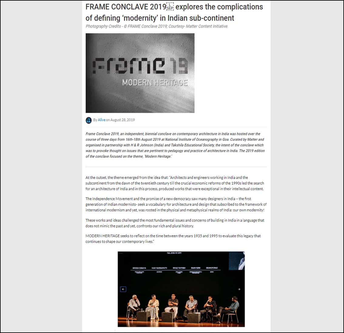 Frame Conclave 2019 explores the complications of defining' modernity' in Indian sub-continent, Architecture live- August 2019